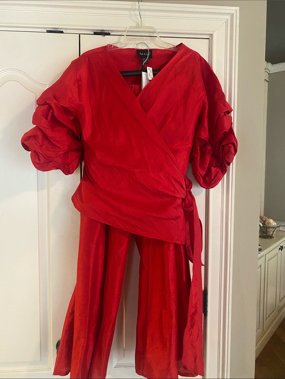 Red Puff-Sleeve Wrap Top and Wide-Leg Pants Set